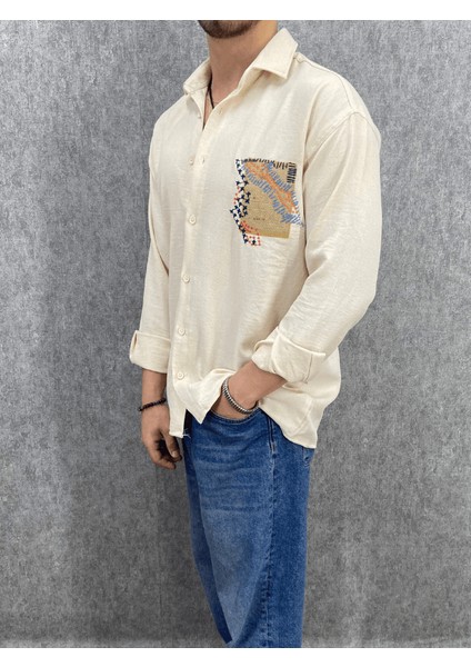 Oversize Nakış Detaylı Pamuklu Cepsiz Krem Gömlek
