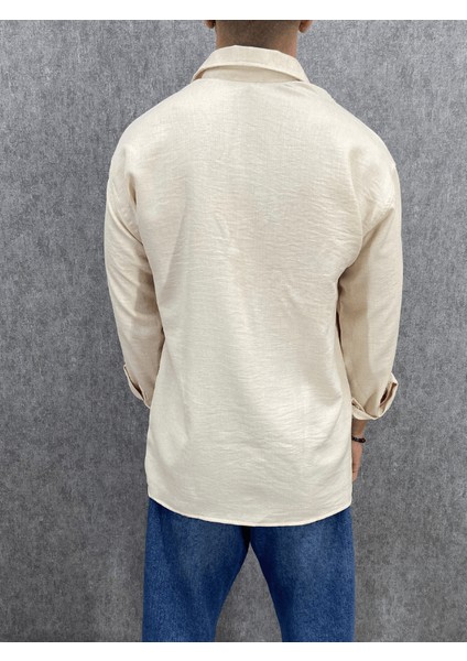 Oversize Nakış Detaylı Pamuklu Cepsiz Krem Gömlek