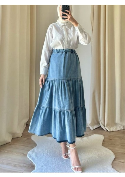 9131 - Rahat Şık Bel Lastikli Fırfırlı Kadın Kot Etek modelleri