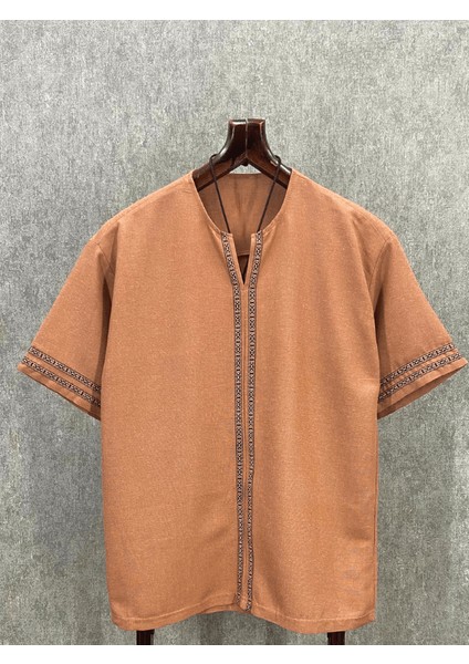 Oversize Bohem Nopeli Pamuk Keten Kiremit Tshirt