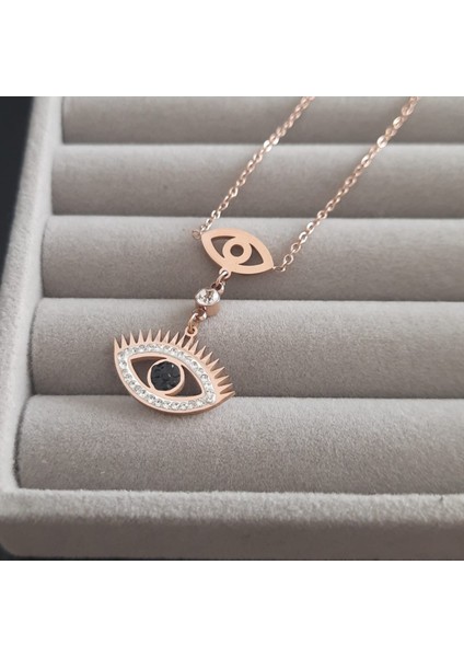 Çelik Rose Renk Taşlı Göz Detay Kadın Kolye