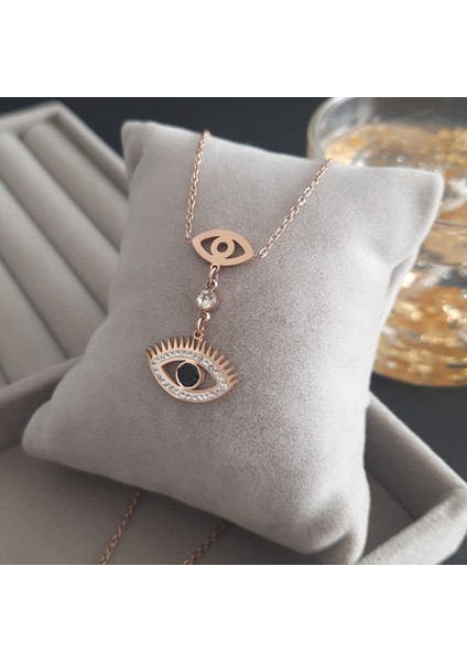 Çelik Rose Renk Taşlı Göz Detay Kadın Kolye fiyatları