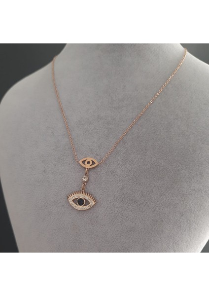 Çelik Rose Renk Taşlı Göz Detay Kadın Kolye modelleri