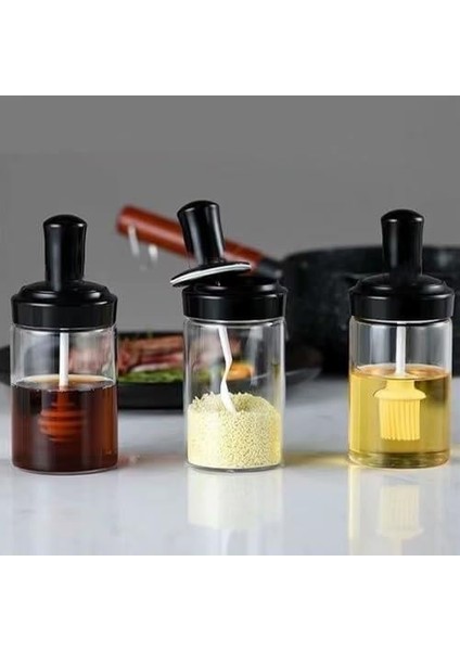 Baharatlık Seti, 6'lı, Kendinden Fırçalı ve Kaşıklı, Bal Kavanozu, Siyah Kapaklı Set, 300 ml Baharatlık Kavanoz Ballık Seti