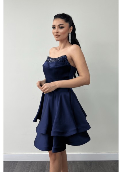 Saten Kumaş Payet Detaylı Straplez Mini Elbise - Lacivert fiyatları