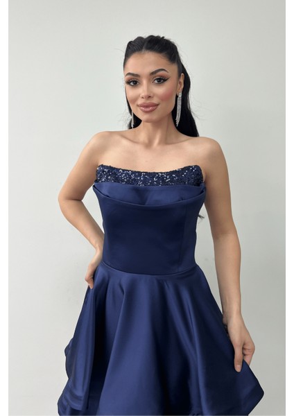 Saten Kumaş Payet Detaylı Straplez Mini Elbise - Lacivert modelleri