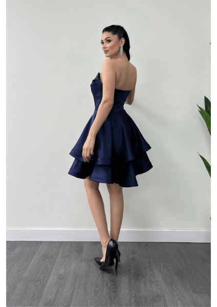 Saten Kumaş Payet Detaylı Straplez Mini Elbise - Lacivert fırsatları