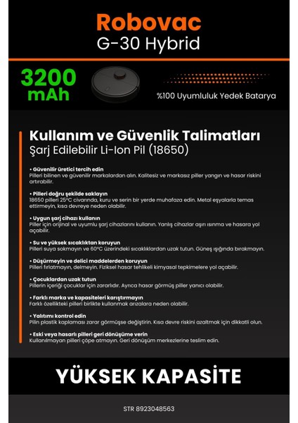 Eufy Robovac G30 3200mAh Robot Süpürge Bataryası - Sertifikalı Güvenlik, Gerçek Kapasite