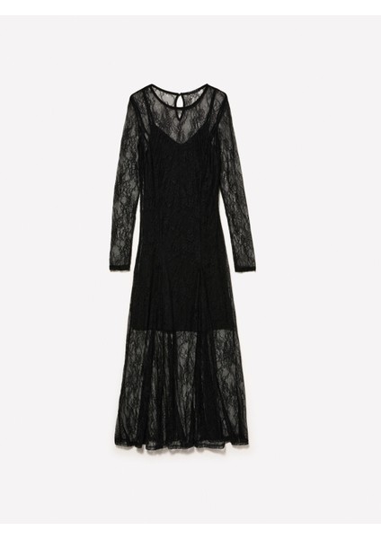 Sisley Tül Üzerine Dantel Işlemeli Yuvarlak Yaka Uzun Kollu Elbise Kadın Siyah Elbise - 324A4HLGLV06D modelleri
