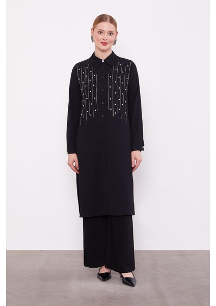 Siyah Önü Çizgi Taşlı Tunik