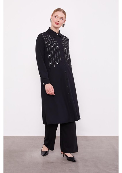 Siyah Önü Çizgi Taşlı Tunik