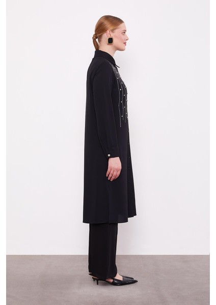 Siyah Önü Çizgi Taşlı Tunik