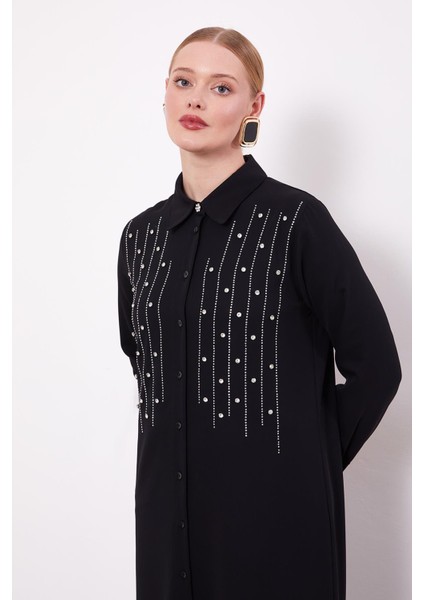 Siyah Önü Çizgi Taşlı Tunik