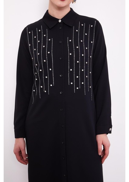 Siyah Önü Çizgi Taşlı Tunik