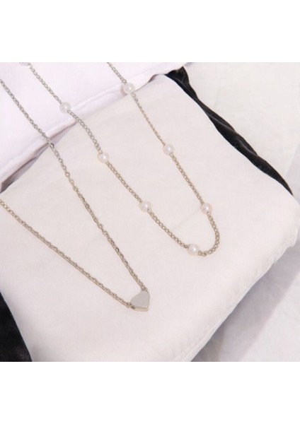 Kadınlar ve Gençler Için Gümüş Renkli Inci Sıralı Kalpli Kolye Seti 2'li modelleri