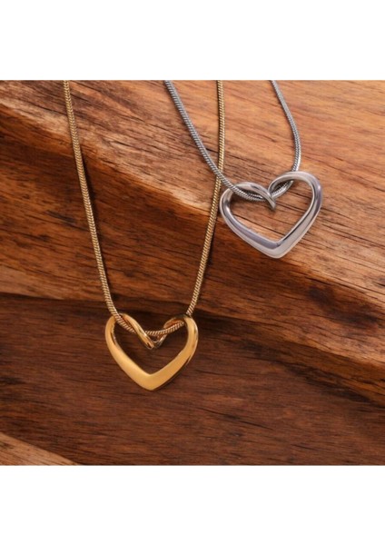 Kadınlar Için Gümüş ve Altın Renk Kalpli Düğüm Kolye 2 Adet