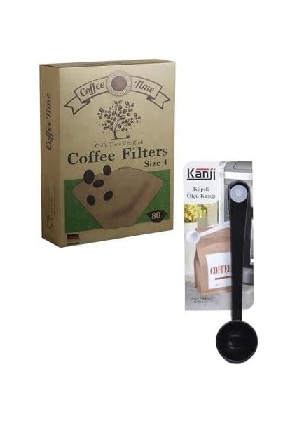 Time Filtre Kahve Kağıdı 1/4 4 Numara 80'li Paket + Kanji Klipsli Çay Kahve Ölçü Kaşığı - Siyah