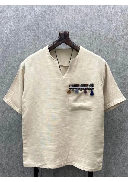 Oversize Otantik Cep Detaylı Pamuk Keten Bej Tshirt