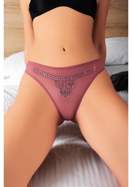 Vizon Nakış Desenli Taşlı Tanga String