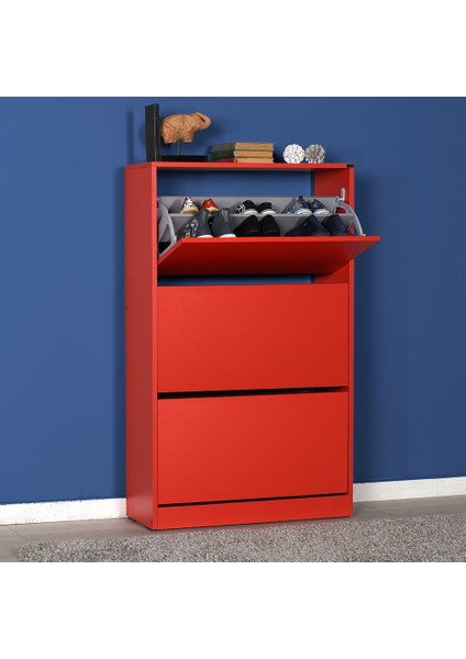 Adore Flat Duo 3 Katlı Geniş Ayakkabılık Dolabı - Kırmızı
