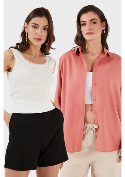 Streç Pamuklu Oversize Fit 2' Li Paket Gömlek-Atlet Set Bayan Gömlek-Atlet Set 67810014979S2