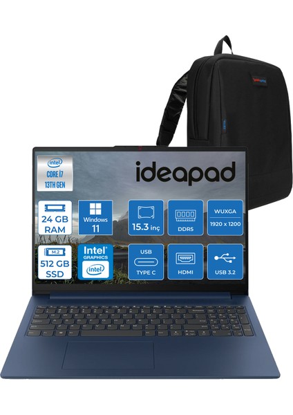 Ideapad Slim 3 15IRH10 Intel Core I7 13620H 24GB 512GB SSD Windows 11 Pro 15.3" Wuxga (1920X1200) IPS 300NITS Taşınabilir Bilgisayar 83K10060TRP05 + Zetta Çanta