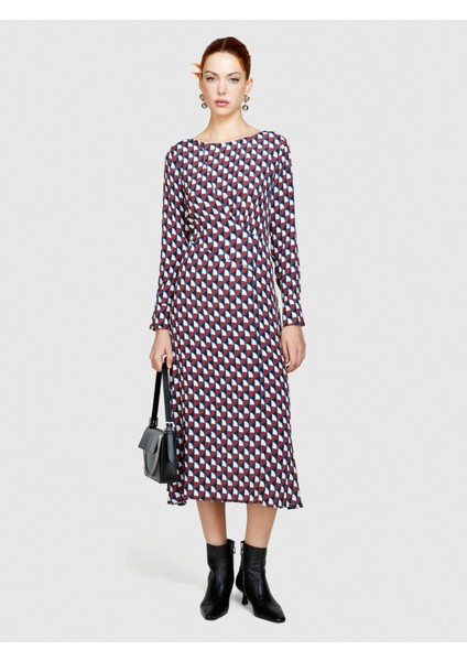 Sisley %100 Viskoz Tamamı Desenli Dik Yaka Uzun Kollu Elbise Kadın Mavi Elbise - 324P4UVWLV05F