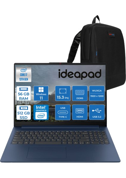 Ideapad Slim 3 15IRH10 Intel Core I7 13620H 56GB 512GB SSD Windows 11 Home 15.3" Wuxga (1920X1200) IPS 300NITS Taşınabilir Bilgisayar 83K10060TRH13 + Zetta Çanta