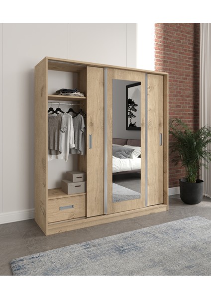 Luna Lefkas 3 Kapaklı 2 Çekmeceli Aynalı Sürgülü Dolap