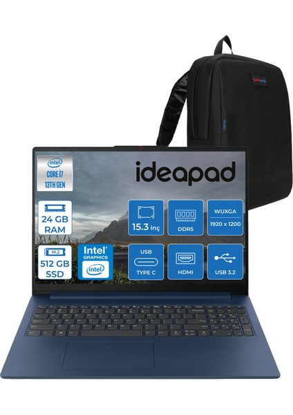 Ideapad Slim 3 15IRH10 Intel Core I7 13620H 24GB 512GB SSD Freedos 15.3" Wuxga (1920X1200) IPS 300NITS Taşınabilir Bilgisayar 83K10060TRF05 + Zetta Çanta