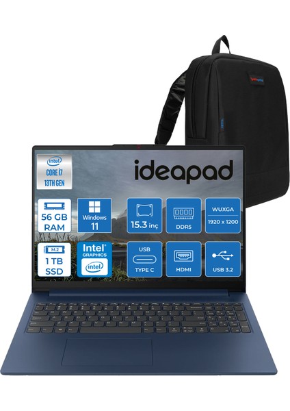 Ideapad Slim 3 15IRH10 Intel Core I7 13620H 56GB 1tb SSD Windows 11 Home 15.3" Wuxga (1920X1200) IPS 300NITS Taşınabilir Bilgisayar 83K10060TRH14 + Zetta Çanta