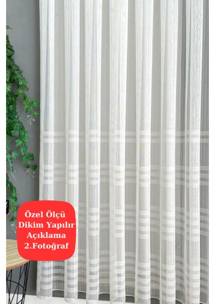 Emes Tül Perde Keten Lüks Simli Kırık Beyaz Çizgili Desenli 280 x 230 cm Salon Kullanımı İçin