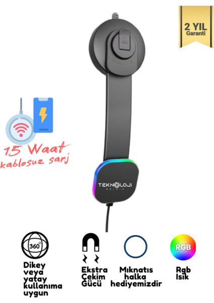 Magesafe Şarjlı Telefon Tutucu 15 Watt Rgb Araç Şarjı ve Tutucu 2in1 Mıknatıslı Kablosuz Universal