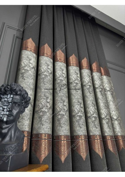 Fon Perde (Siyah-Bakır) Tac, Mahal Desen,1e3 Kat Sık Pile, Desenli Fon Perde