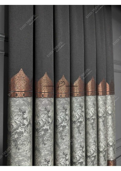 Fon Perde (Siyah-Bakır) Tac, Mahal Desen,1e3 Kat Sık Pile, Desenli Fon Perde modelleri