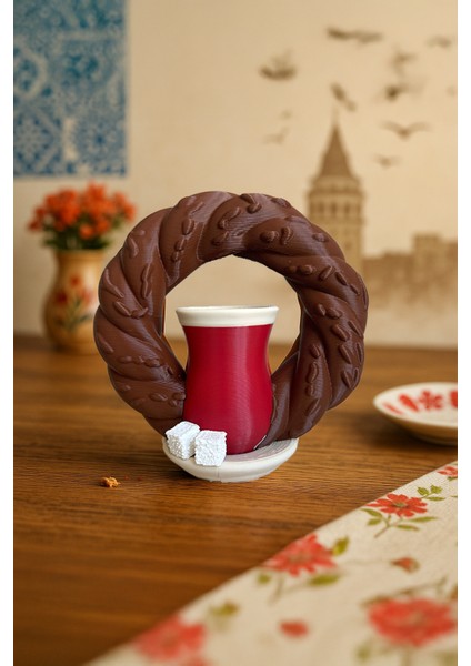 Simit, Çay ve Küp Şeker Figürlü Geleneksel Biblo, Istanbul Yöresel Mutfak Dekorasyonu, 13CM Plastik
