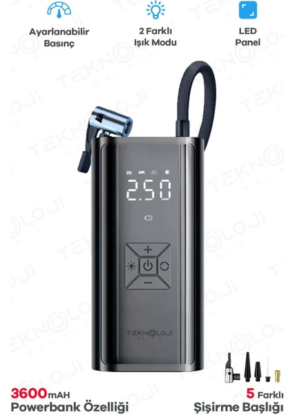 Oto Kompresör Şarjlı Taşınabilir Powerbank El Fenerli Araç Lastik Şişirme Pompası Flaşör Göstergeli