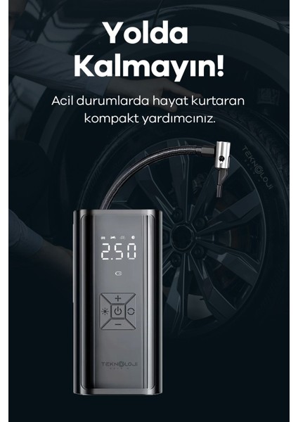 Oto Kompresör Şarjlı Taşınabilir Powerbank El Fenerli Araç Lastik Şişirme Pompası Flaşör Göstergeli modelleri