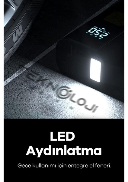 Oto Kompresör Şarjlı Taşınabilir Powerbank El Fenerli Araç Lastik Şişirme Pompası Flaşör Göstergeli