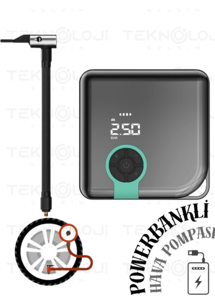 Hava Pompası Şarjlı Taşınabilir Basınç Göstergeli Kompresör Powerbank Lastik Şişirme Pompa Elfenerli