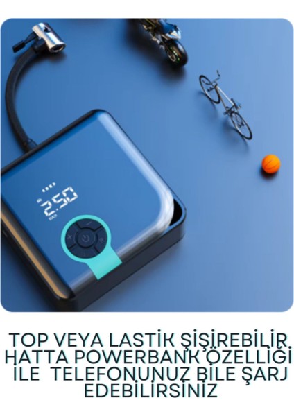 Hava Pompası Şarjlı Taşınabilir Basınç Göstergeli Kompresör Powerbank Lastik Şişirme Pompa Elfenerli