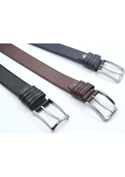 Kenarları Çizgi Baskılı Hakiki Dana Derisi Erkek Kemer