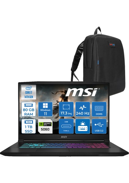 Msı Katana 17 Hx B14WFK-215XTR 14. Nesil Intel I7-14650HX 80GB Ddr5 1tb SSD 8GB/RTX5060 115W 17.3" Qhd (2560*1440), 240Hz IPS Windows 11 Home Taşınabilir Bilgisayar. W215XTRH23+ZETTAÇANTA