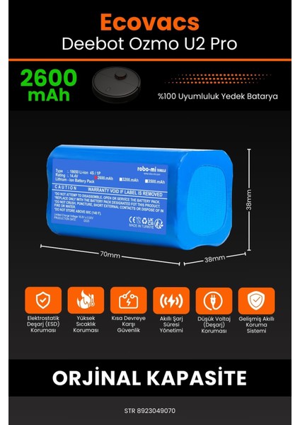 Ecovacs Deebot Ozmo U2 Pro 2600MAH Robot Süpürge Bataryası - Yüksek Yoğunluklu Li-Ion Hücre