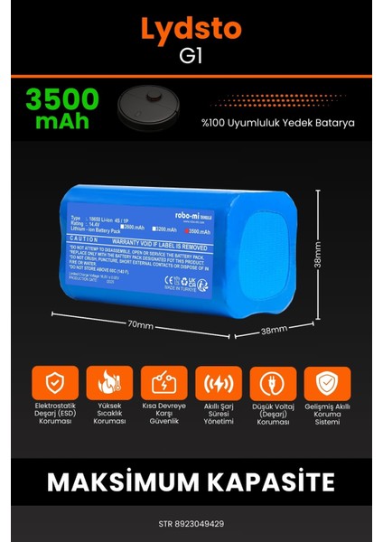 Lydsto G1 3500mAh Robot Süpürge Bataryası - Yüksek Yoğunluklu Li-ion Hücre fiyatları