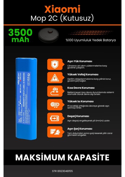 Xiaomi Xiaomi Mi Vacuum Mop 2c (Kutusuz) 3500MAH Robot Süpürge Bataryası