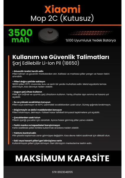 Xiaomi Xiaomi Mi Vacuum Mop 2c (Kutusuz) 3500MAH Robot Süpürge Bataryası