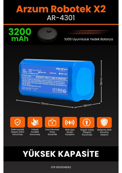 Arzum AR4301 Robotek X2 3200mAh Robot Süpürge Bataryası - Sertifikalı Güvenlik, Gerçek Kapasite