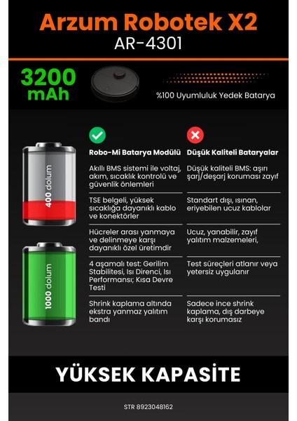 Arzum AR4301 Robotek X2 3200mAh Robot Süpürge Bataryası - Sertifikalı Güvenlik, Gerçek Kapasite