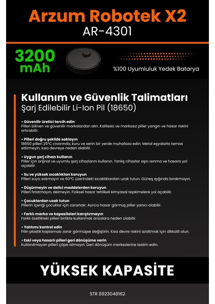 Arzum AR4301 Robotek X2 3200mAh Robot Süpürge Bataryası - Sertifikalı Güvenlik, Gerçek Kapasite